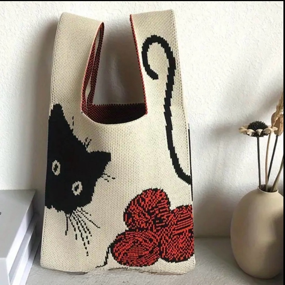 Heavy Woven Knit Cat Pattern Tote Purse Bag Japanese Knot Closure Style